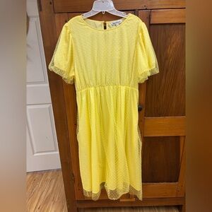 Davi & Dani Yellow Swiss Dot Midi Dress | Puff Sleeve Sheer Overlay | Size L